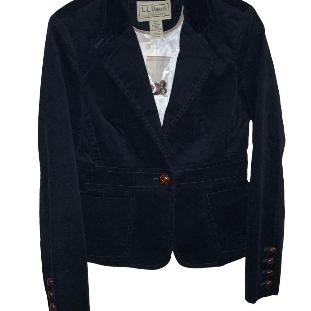 Vintage LL Bean Navy Blue Velvet Wooden Buttons Lined Blazer Size 6 Reg